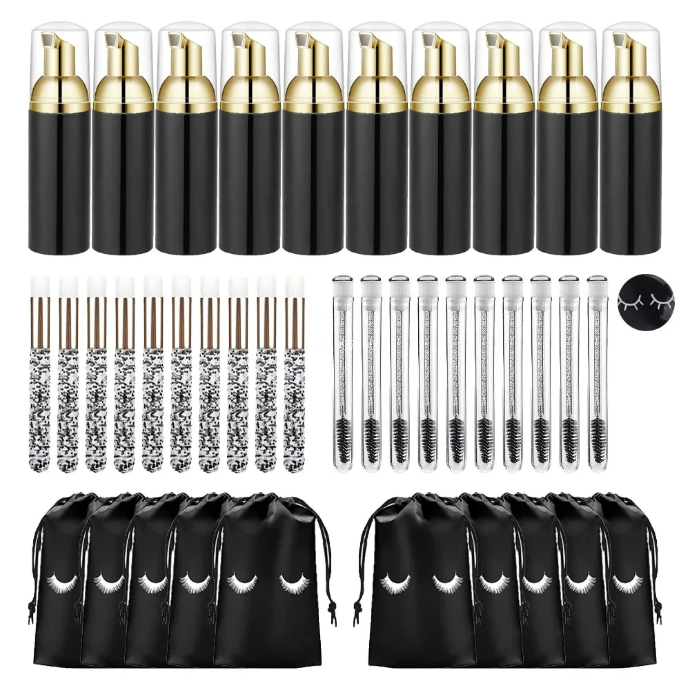 40Pcs Eyelash Cleaning Tool Set 60ml Plastic Empty Foam Pump Bottle Cleaning Brush Eyelash Wand EVA Storage Bag Skin Care Tools