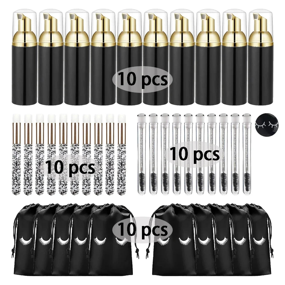 40Pcs Eyelash Cleaning Tool Set 60ml Plastic Empty Foam Pump Bottle Cleaning Brush Eyelash Wand EVA Storage Bag Skin Care Tools
