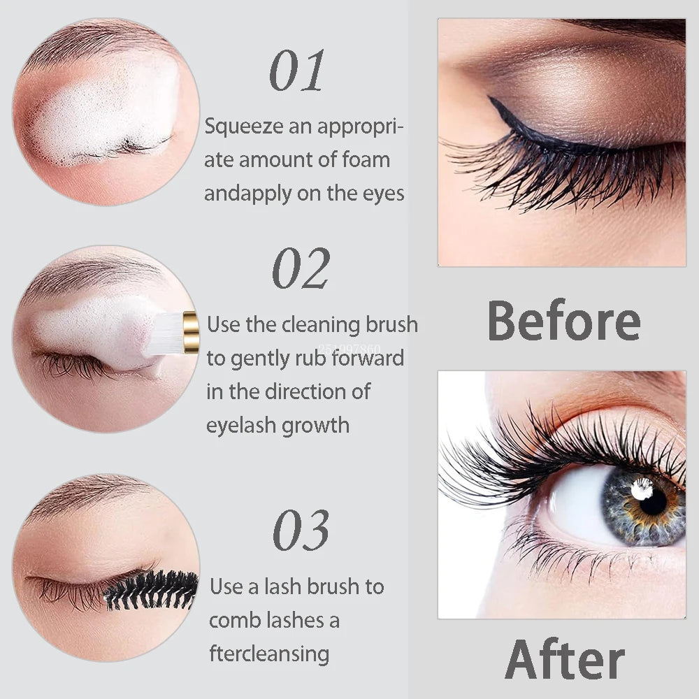 40Pcs Eyelash Cleaning Tool Set 60ml Plastic Empty Foam Pump Bottle Cleaning Brush Eyelash Wand EVA Storage Bag Skin Care Tools