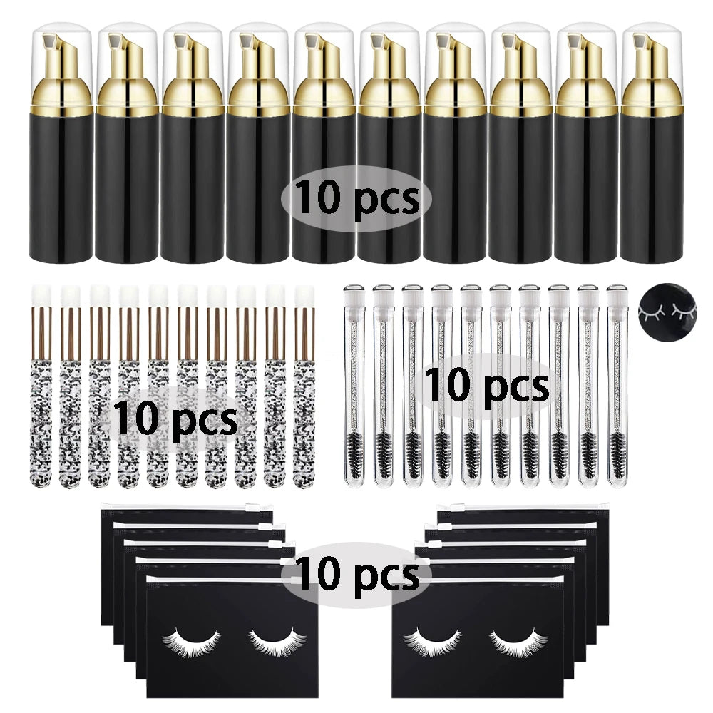 40Pcs Eyelash Cleaning Tool Set 60ml Plastic Empty Foam Pump Bottle Cleaning Brush Eyelash Wand EVA Storage Bag Skin Care Tools