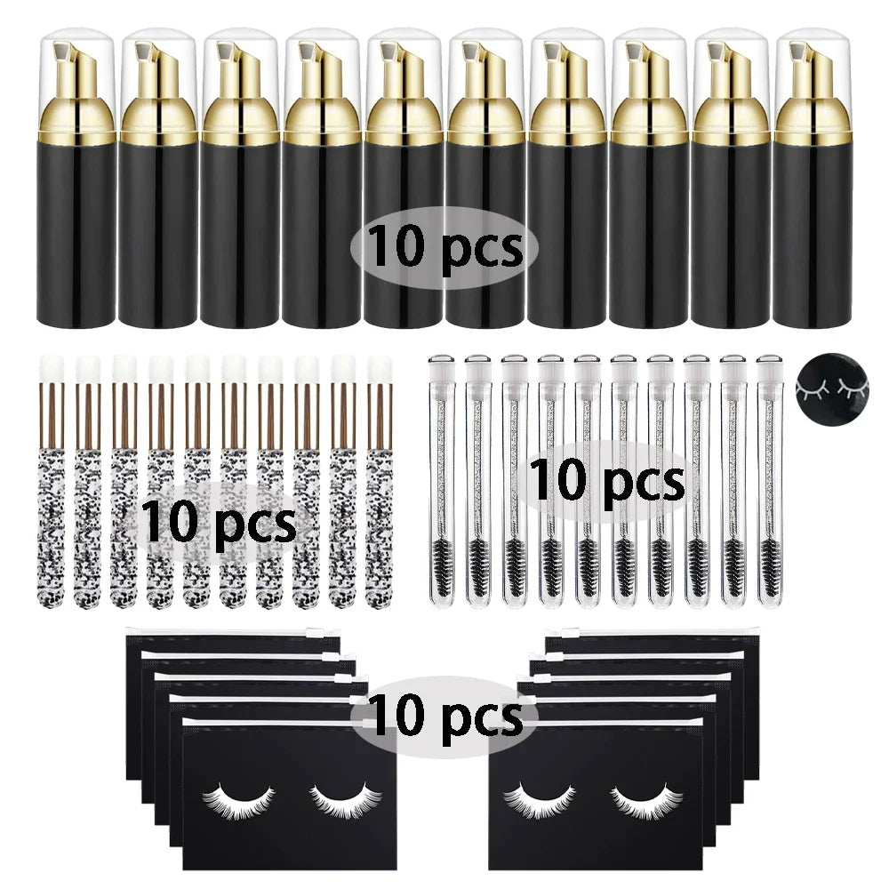 40Pcs Eyelash Cleaning Tool Set 60ml Plastic Empty Foam Pump Bottle Cleaning Brush Eyelash Wand EVA Storage Bag Skin Care Tools