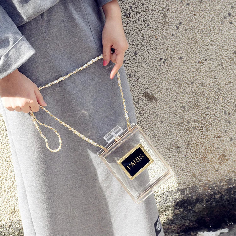 Transparent Perfume Bottle Bag Dinner Party Clutch Bag Leather Chain Crossbody Acrylic Small Square Female Bags Luxury Handbags
