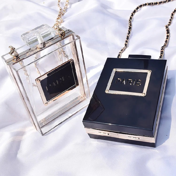 Transparent Perfume Bottle Bag Dinner Party Clutch Bag Leather Chain Crossbody Acrylic Small Square Female Bags Luxury Handbags