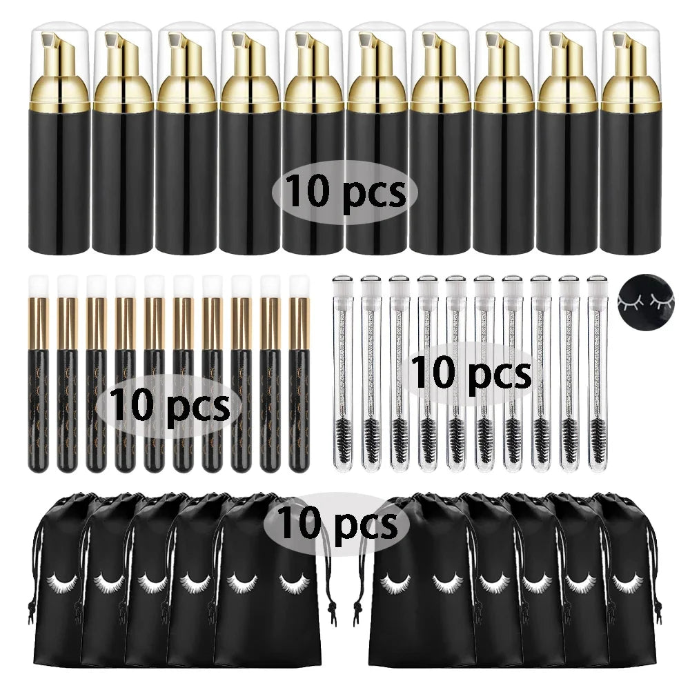 40Pcs Eyelash Cleaning Tool Set 60ml Plastic Empty Foam Pump Bottle Cleaning Brush Eyelash Wand EVA Storage Bag Skin Care Tools