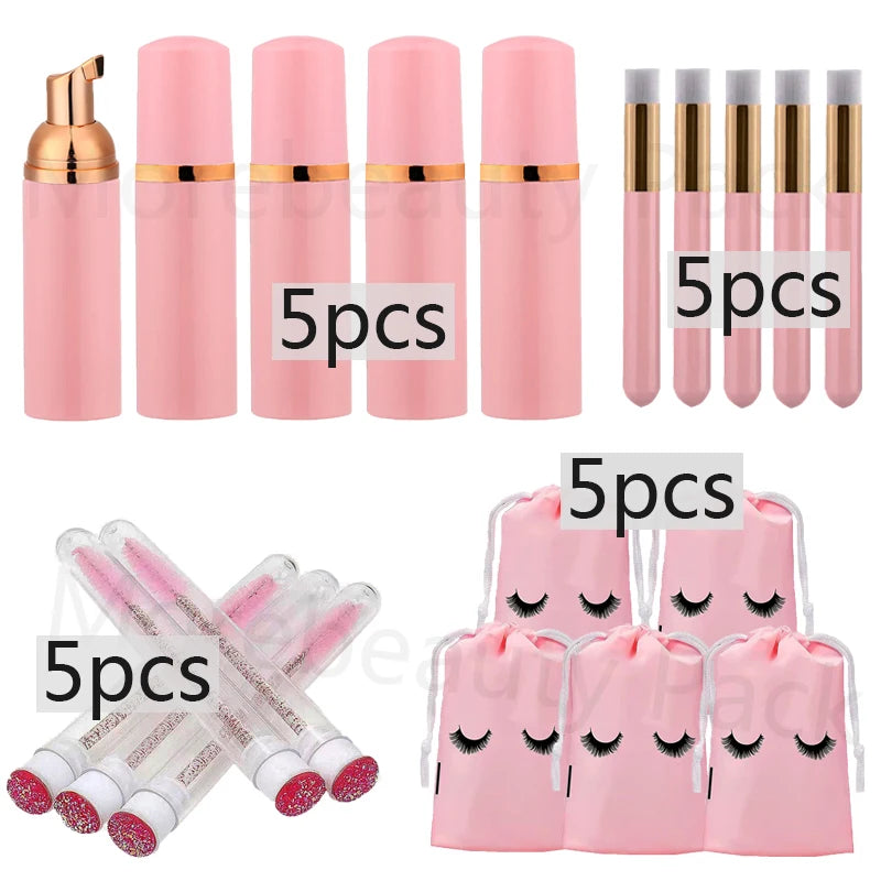 20Pcs Eyelash Cleaning Tool Set 60ml Plastic Empty Foam Pump Bottle Cleaning Brush Eyelash Wand EVA Storage Bag Skin Care Tools