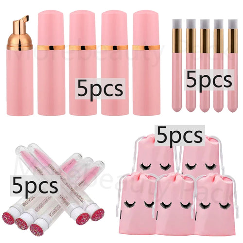 20Pcs Eyelash Cleaning Tool Set 60ml Plastic Empty Foam Pump Bottle Cleaning Brush Eyelash Wand EVA Storage Bag Skin Care Tools