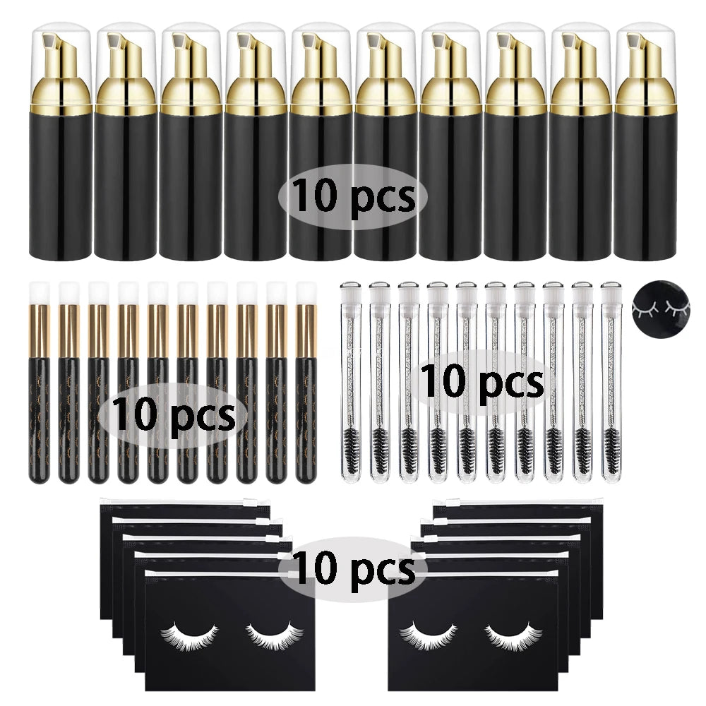 40Pcs Eyelash Cleaning Tool Set 60ml Plastic Empty Foam Pump Bottle Cleaning Brush Eyelash Wand EVA Storage Bag Skin Care Tools