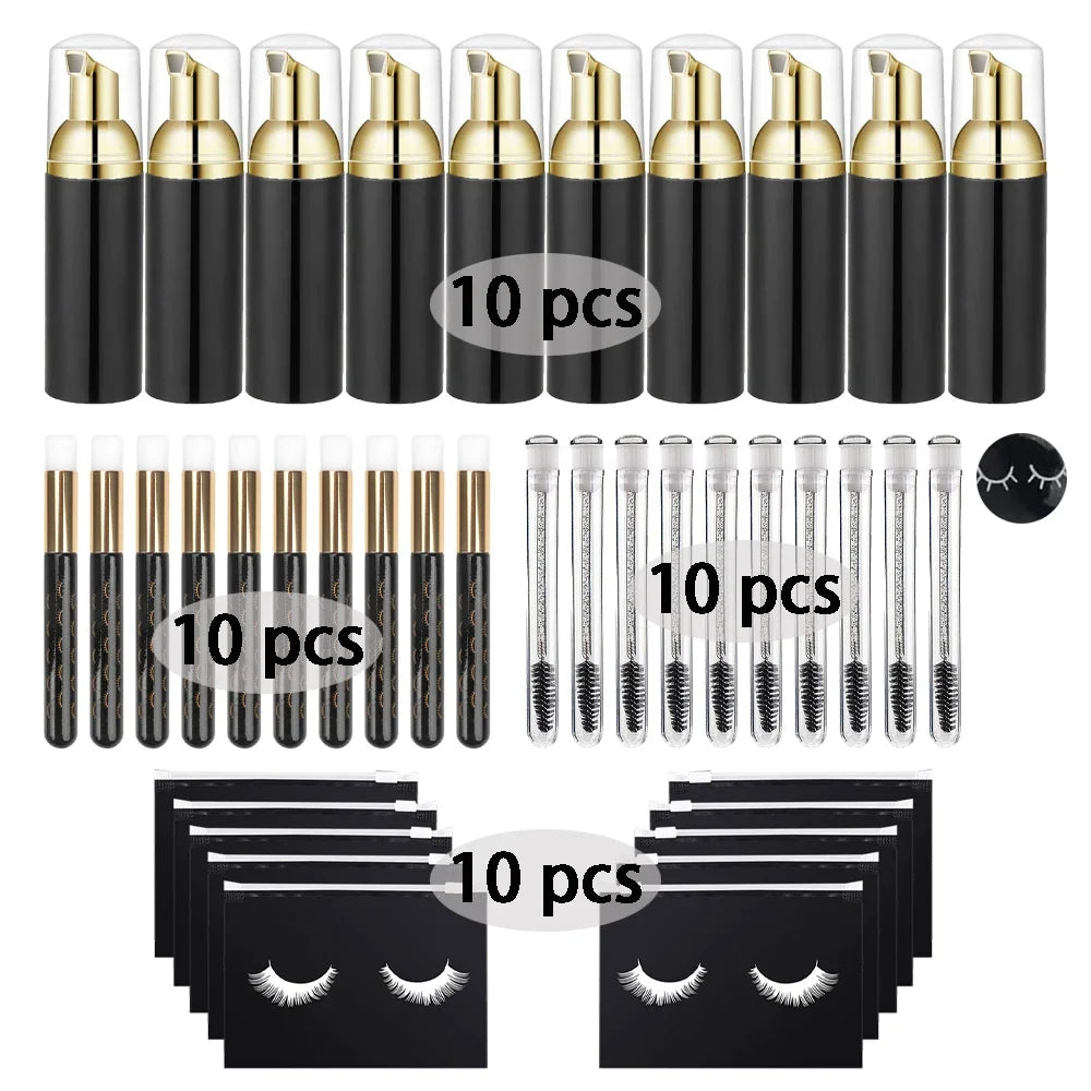 40Pcs Eyelash Cleaning Tool Set 60ml Plastic Empty Foam Pump Bottle Cleaning Brush Eyelash Wand EVA Storage Bag Skin Care Tools