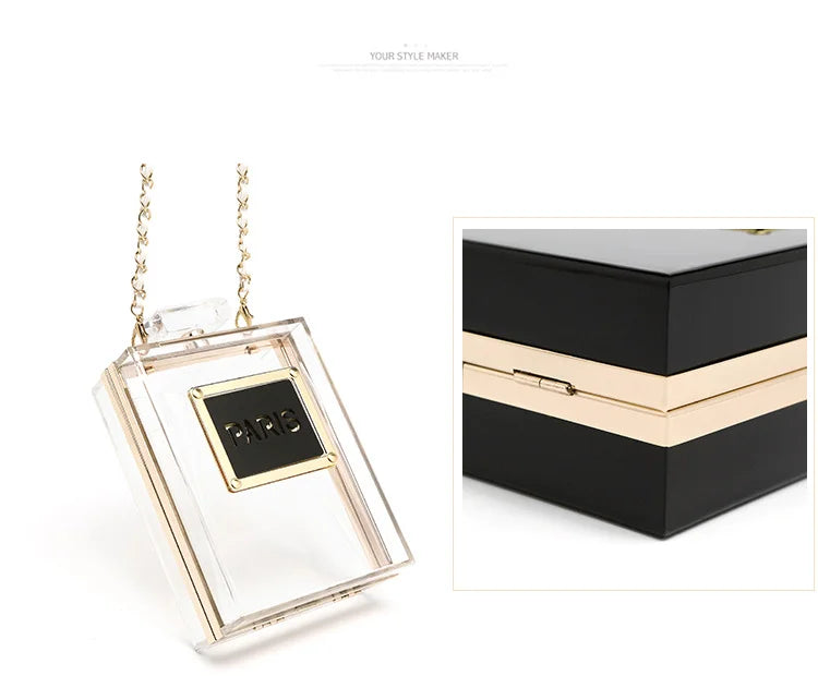 Transparent Perfume Bottle Bag Dinner Party Clutch Bag Leather Chain Crossbody Acrylic Small Square Female Bags Luxury Handbags