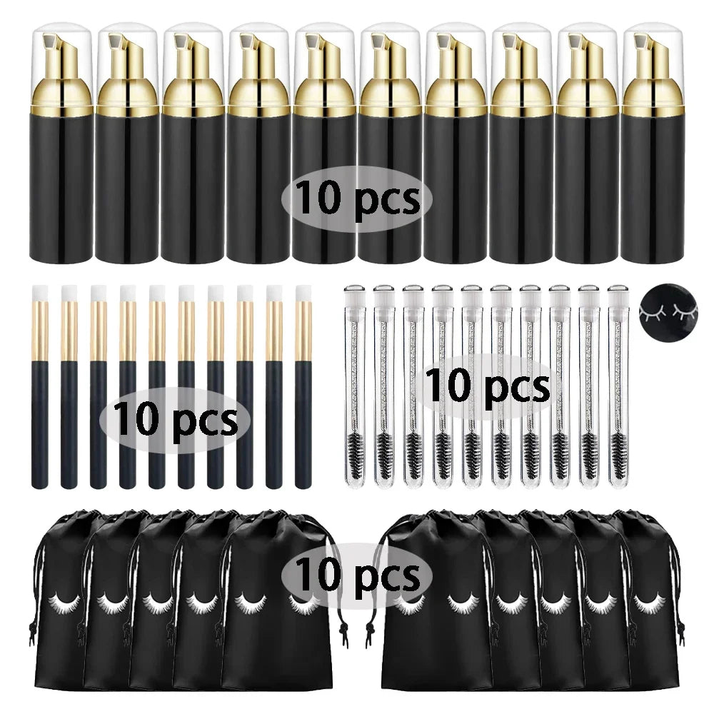 40Pcs Eyelash Cleaning Tool Set 60ml Plastic Empty Foam Pump Bottle Cleaning Brush Eyelash Wand EVA Storage Bag Skin Care Tools