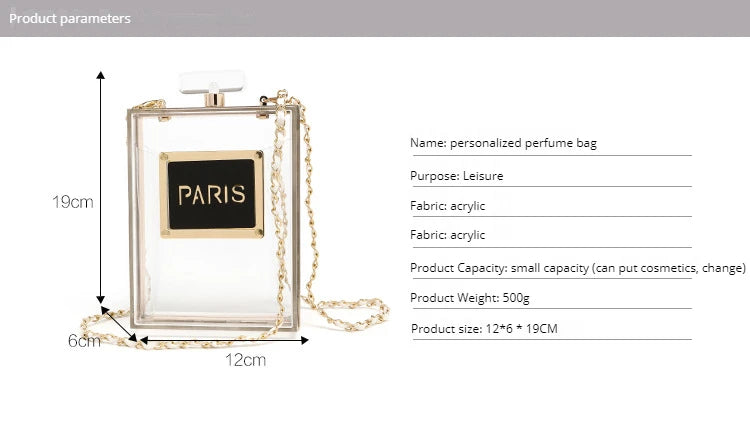 Transparent Perfume Bottle Bag Dinner Party Clutch Bag Leather Chain Crossbody Acrylic Small Square Female Bags Luxury Handbags