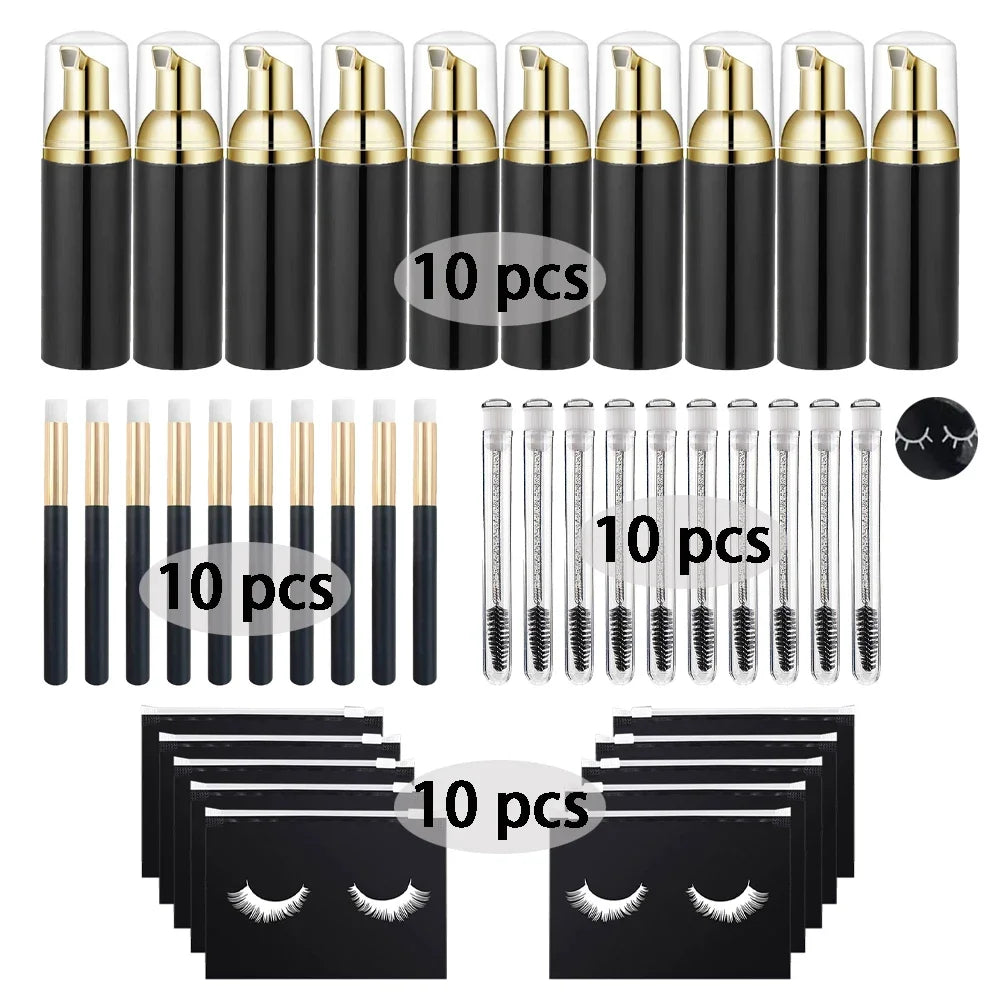 40Pcs Eyelash Cleaning Tool Set 60ml Plastic Empty Foam Pump Bottle Cleaning Brush Eyelash Wand EVA Storage Bag Skin Care Tools