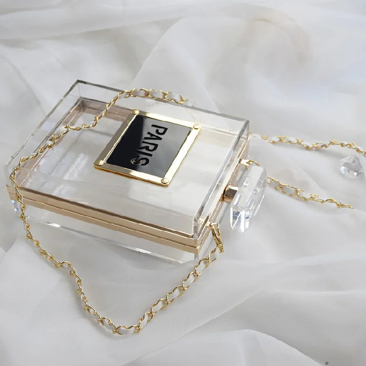 Transparent Perfume Bottle Bag Dinner Party Clutch Bag Leather Chain Crossbody Acrylic Small Square Female Bags Luxury Handbags